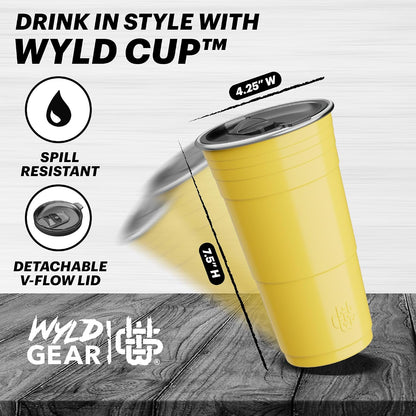 Wyld Gear Party Cup 16oz Black Stainless Steel Reusable Metal Cup with Lid | non-sweat exterior, 18/8 stainless steel, copper-coated core, non-slip rubber bottom, leak-resistant lid, powder coated