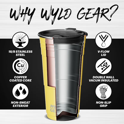 Wyld Gear Party Cup 16oz Black Stainless Steel Reusable Metal Cup with Lid | non-sweat exterior, 18/8 stainless steel, copper-coated core, non-slip rubber bottom, leak-resistant lid, powder coated