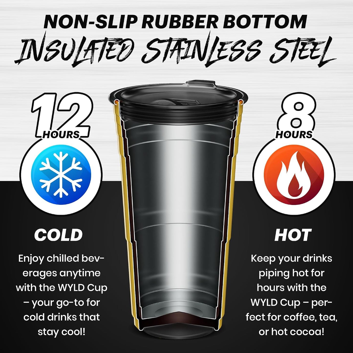 Wyld Gear Party Cup 16oz Black Stainless Steel Reusable Metal Cup with Lid | non-sweat exterior, 18/8 stainless steel, copper-coated core, non-slip rubber bottom, leak-resistant lid, powder coated