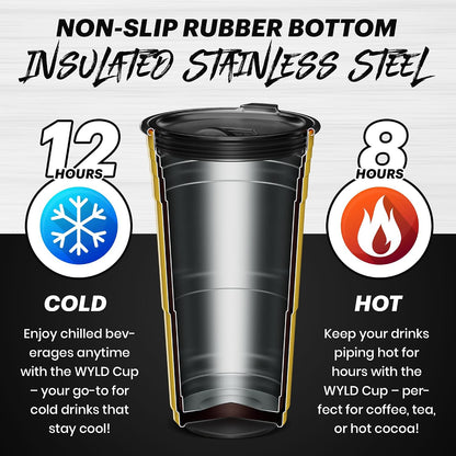Wyld Gear Party Cup 16oz Black Stainless Steel Reusable Metal Cup with Lid | non-sweat exterior, 18/8 stainless steel, copper-coated core, non-slip rubber bottom, leak-resistant lid, powder coated