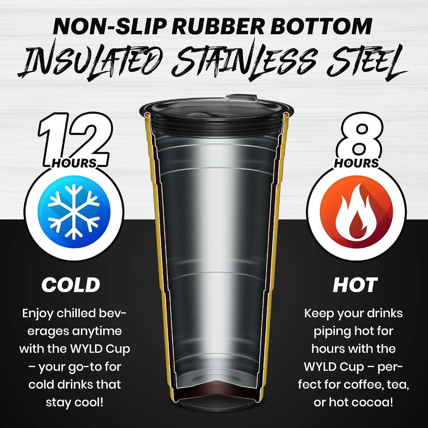 Wyld Gear Party Cup 16oz Black Stainless Steel Reusable Metal Cup with Lid | non-sweat exterior, 18/8 stainless steel, copper-coated core, non-slip rubber bottom, leak-resistant lid, powder coated