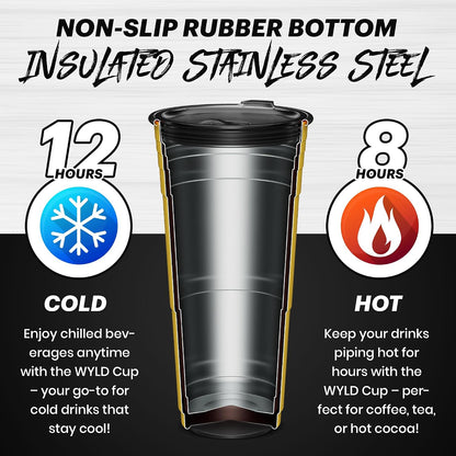 Wyld Gear Party Cup 16oz Black Stainless Steel Reusable Metal Cup with Lid | non-sweat exterior, 18/8 stainless steel, copper-coated core, non-slip rubber bottom, leak-resistant lid, powder coated