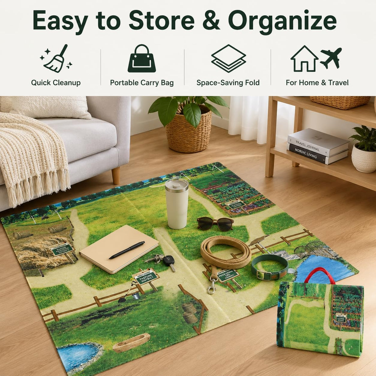 Foldable Play Mat & Toy Storage Bag 2-in-1 Zipper Organizer Tote for Kids,Beach,Camping,Travel and Home