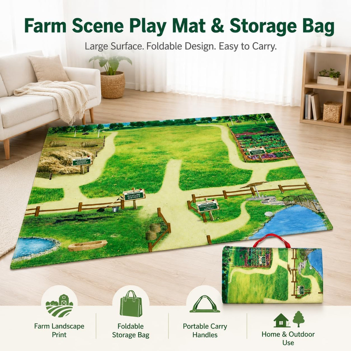 Foldable Play Mat & Toy Storage Bag 2-in-1 Zipper Organizer Tote for Kids,Beach,Camping,Travel and Home