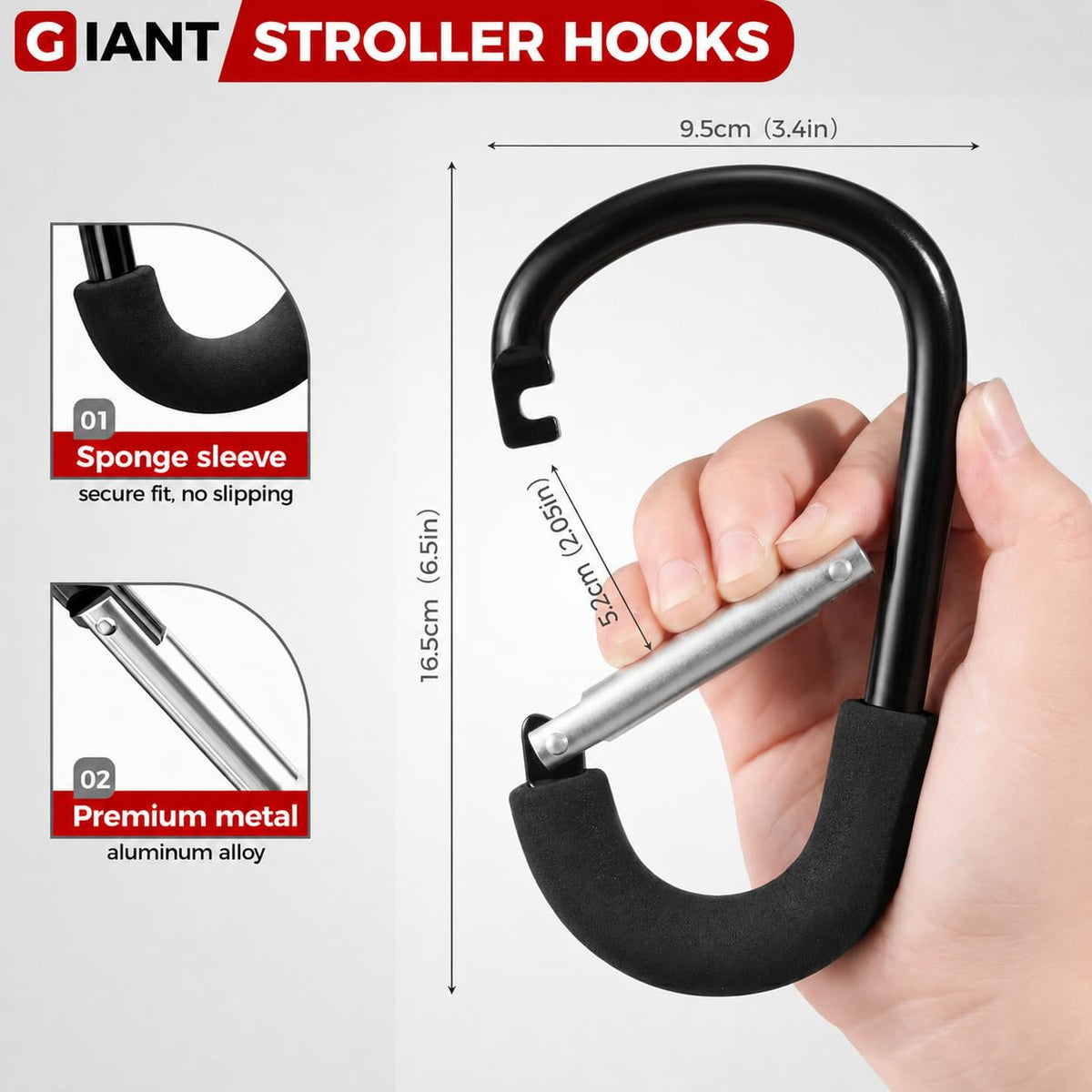 6.5-Inch Stroller Hooks for Bags, Large Aluminum Clips, 2-Pack