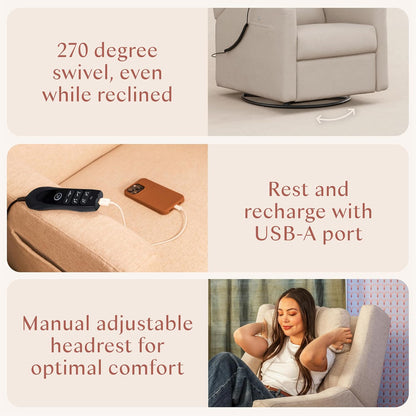 Kiwi Deluxe Power Recliner and Swivel Glider with Heat and Massage in Performance Beach Eco-Weave, Water Repellent & Stain Resistant, Greenguard Gold, FSC and CertiPUR-US Certified