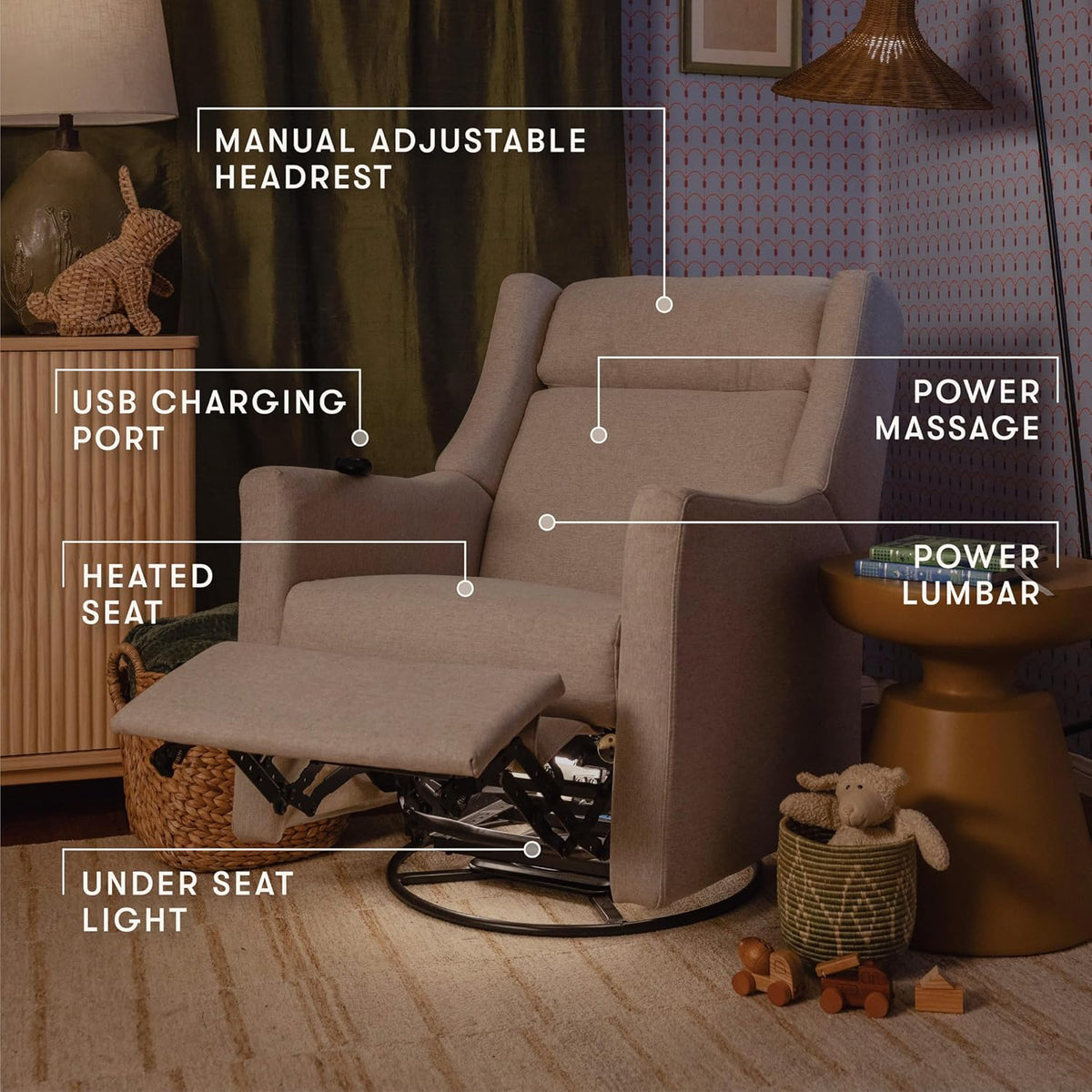 Kiwi Deluxe Power Recliner and Swivel Glider with Heat and Massage in Performance Beach Eco-Weave, Water Repellent & Stain Resistant, Greenguard Gold, FSC and CertiPUR-US Certified