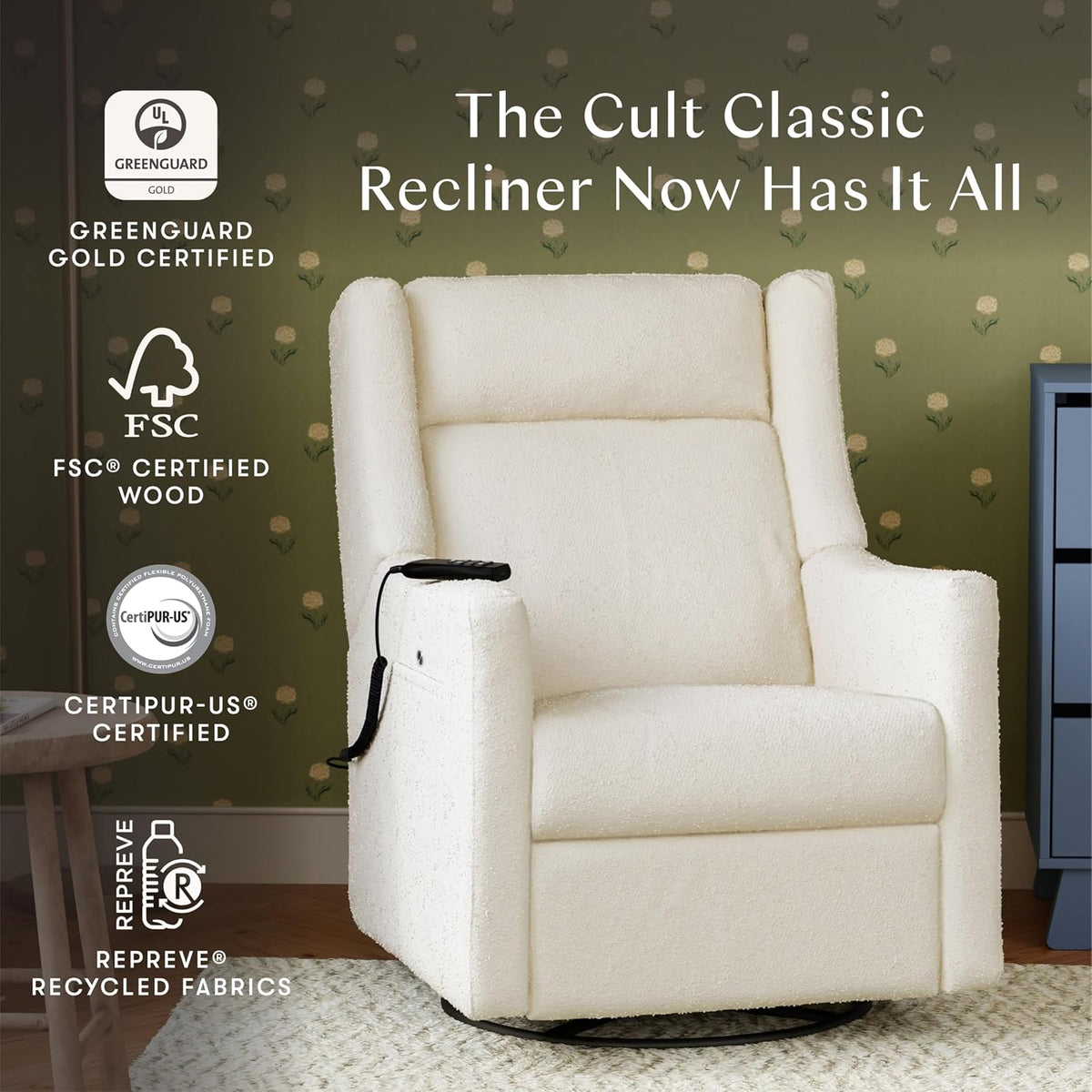 Kiwi Deluxe Power Recliner and Swivel Glider with Heat and Massage in Performance Beach Eco-Weave, Water Repellent & Stain Resistant, Greenguard Gold, FSC and CertiPUR-US Certified