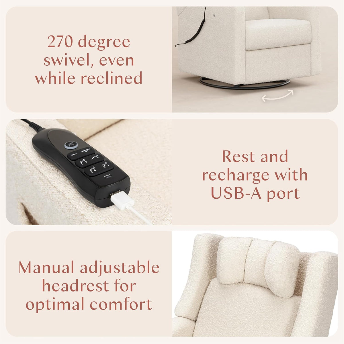 Kiwi Deluxe Power Recliner and Swivel Glider with Heat and Massage in Performance Beach Eco-Weave, Water Repellent & Stain Resistant, Greenguard Gold, FSC and CertiPUR-US Certified