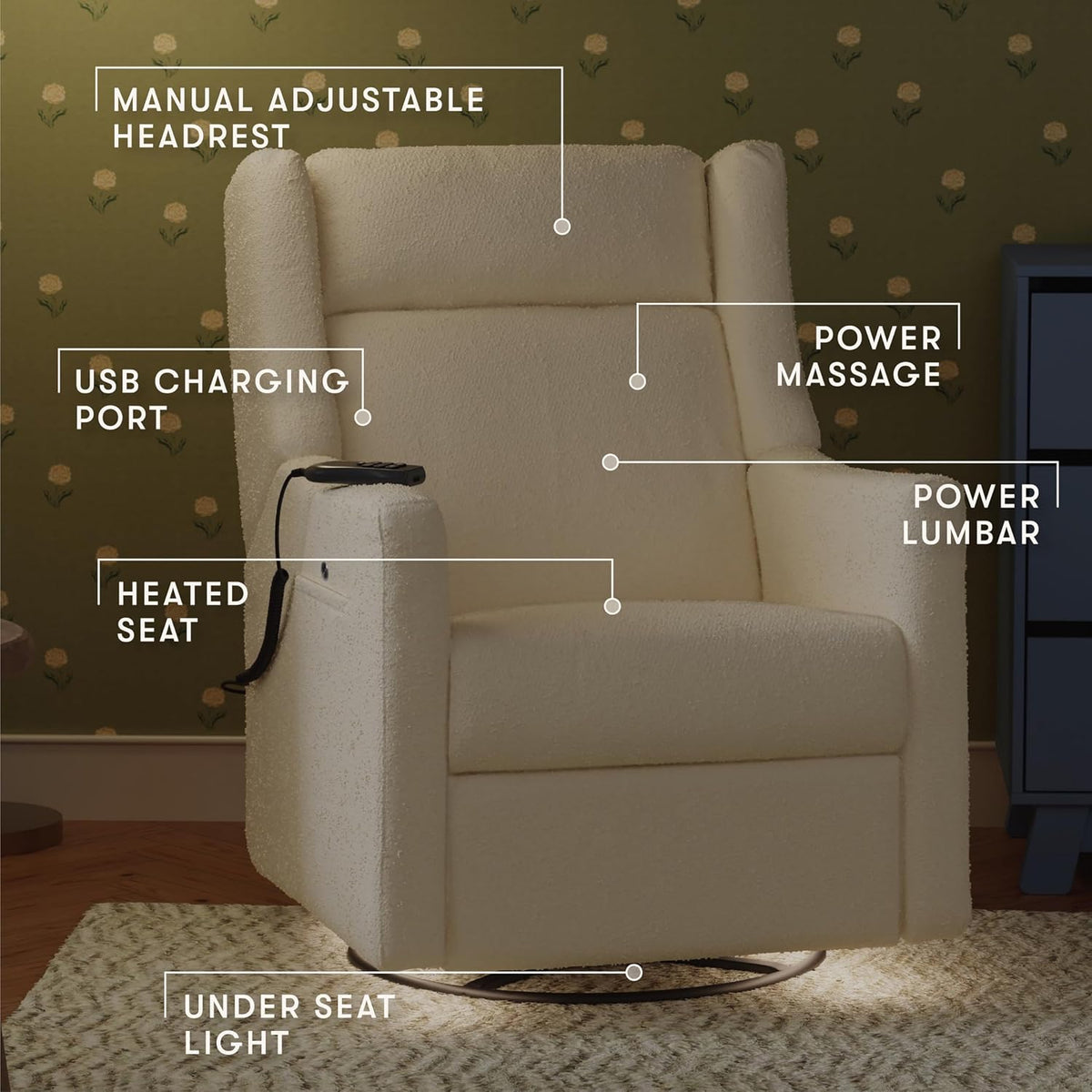 Kiwi Deluxe Power Recliner and Swivel Glider with Heat and Massage in Performance Beach Eco-Weave, Water Repellent & Stain Resistant, Greenguard Gold, FSC and CertiPUR-US Certified