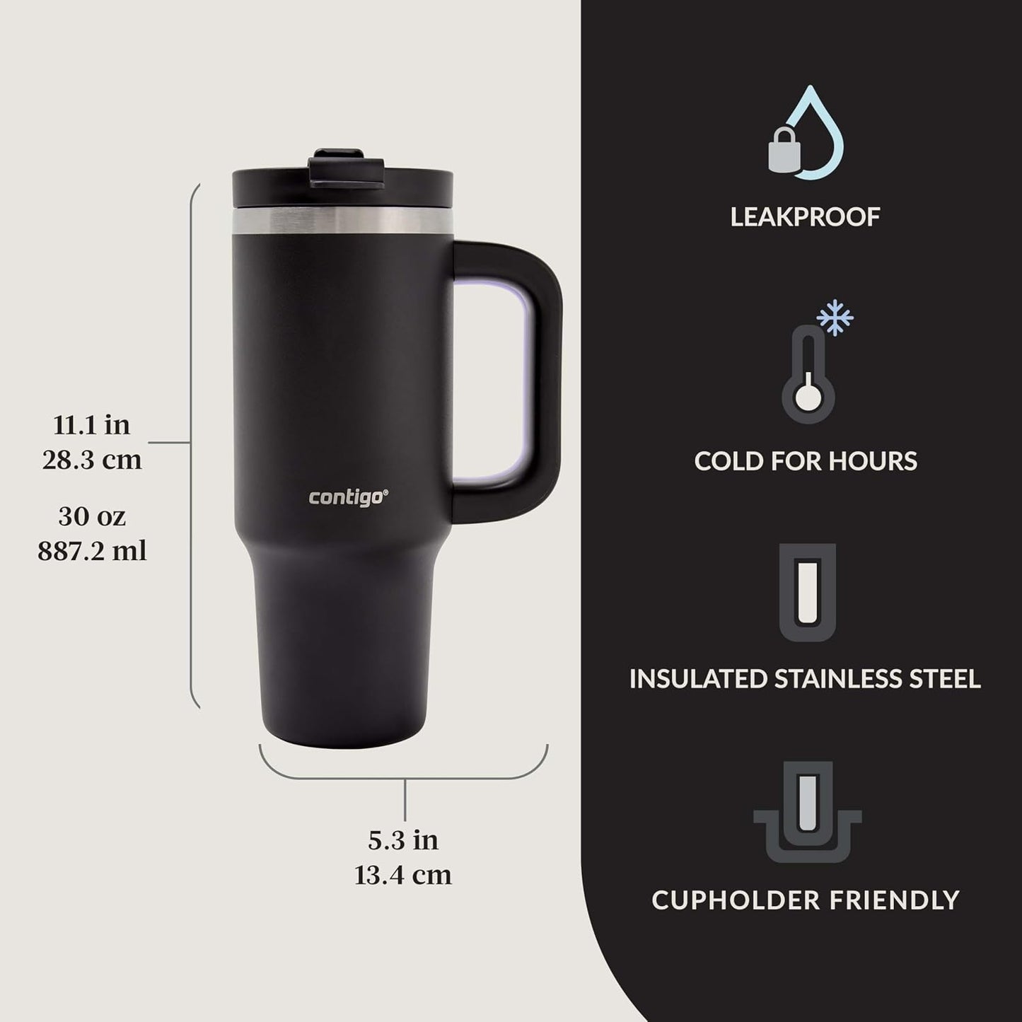 Streeterville 30oz Tumbler, Stainless Steel Vacuum Insulated, Leak-Proof, Cold for 29 Hours, Fits in cupholders, Licorice
