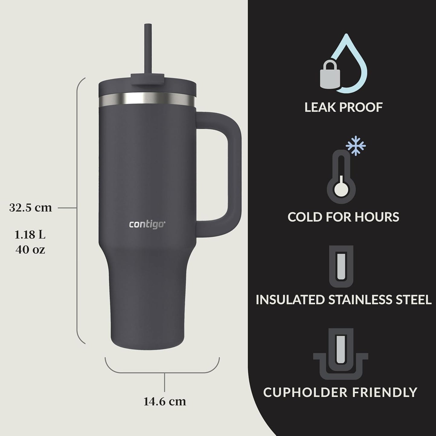 Streeterville 30oz Tumbler, Stainless Steel Vacuum Insulated, Leak-Proof, Cold for 29 Hours, Fits in cupholders, Licorice