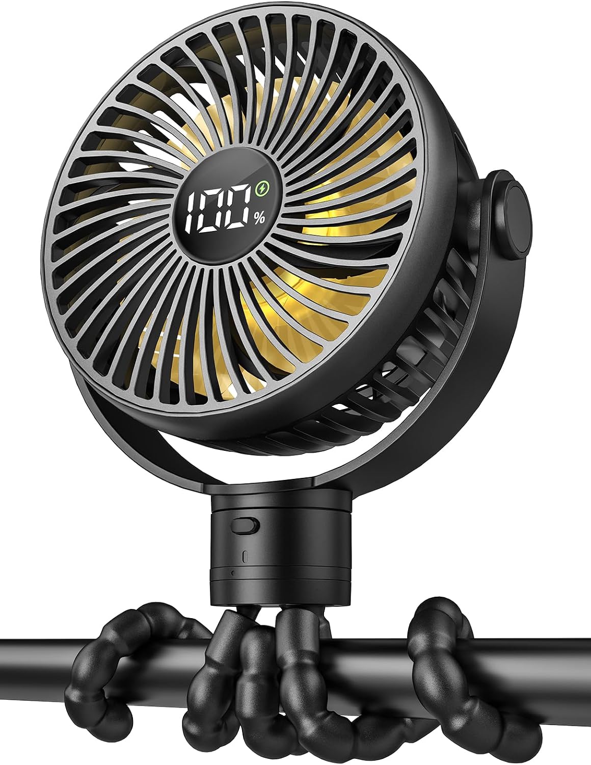 Portable Stroller Fan, 25H Long-lasting, 4 Speed, Night Light, Black