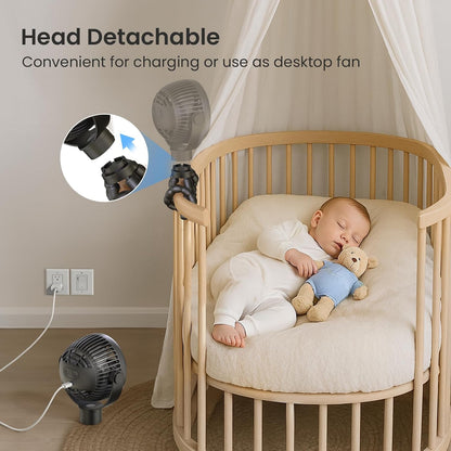 Portable Stroller Fan, 25H Long-lasting, 4 Speed, Night Light, Black