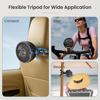 Portable Stroller Fan, 25H Long-lasting, 4 Speed, Night Light, Black