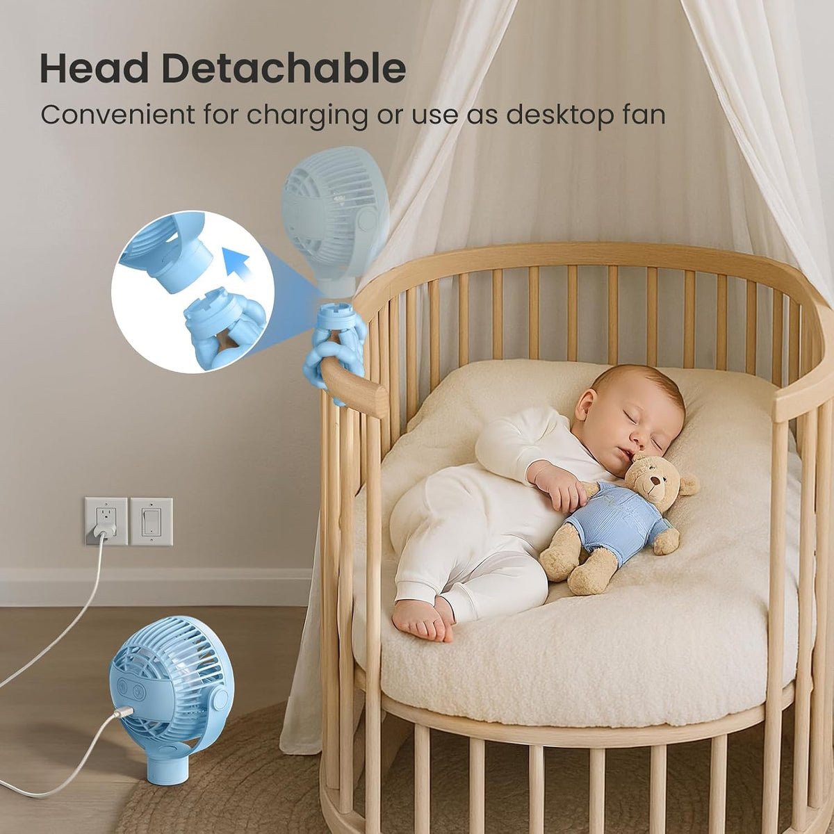 Portable Stroller Fan, 25H Long-lasting, 4 Speed, Night Light, Black