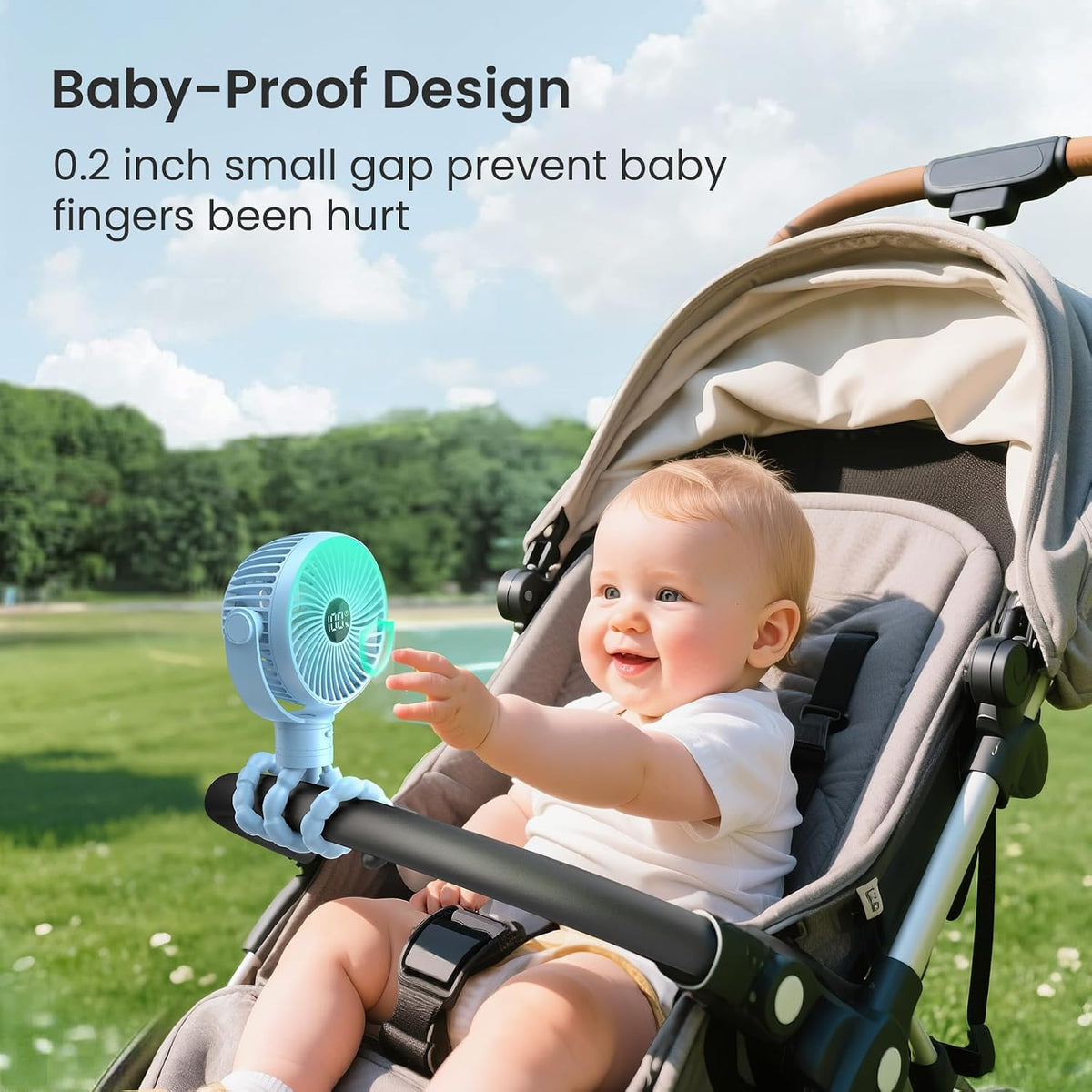 Portable Stroller Fan, 25H Long-lasting, 4 Speed, Night Light, Black