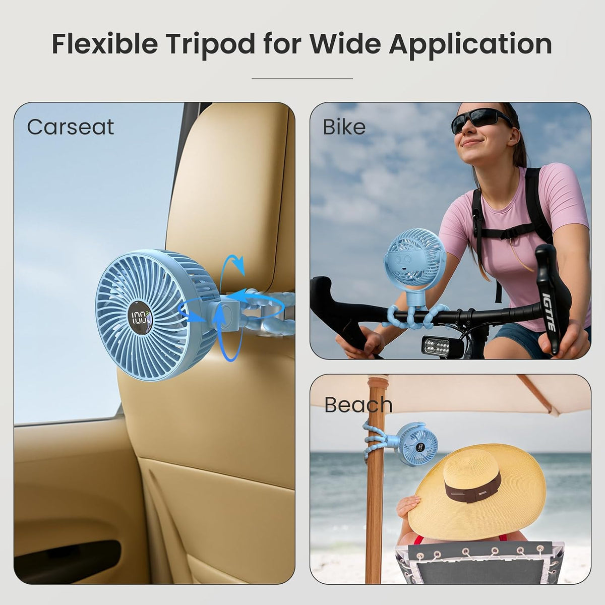 Portable Stroller Fan, 25H Long-lasting, 4 Speed, Night Light, Black