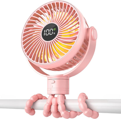 Portable Stroller Fan, 25H Long-lasting, 4 Speed, Night Light, Black