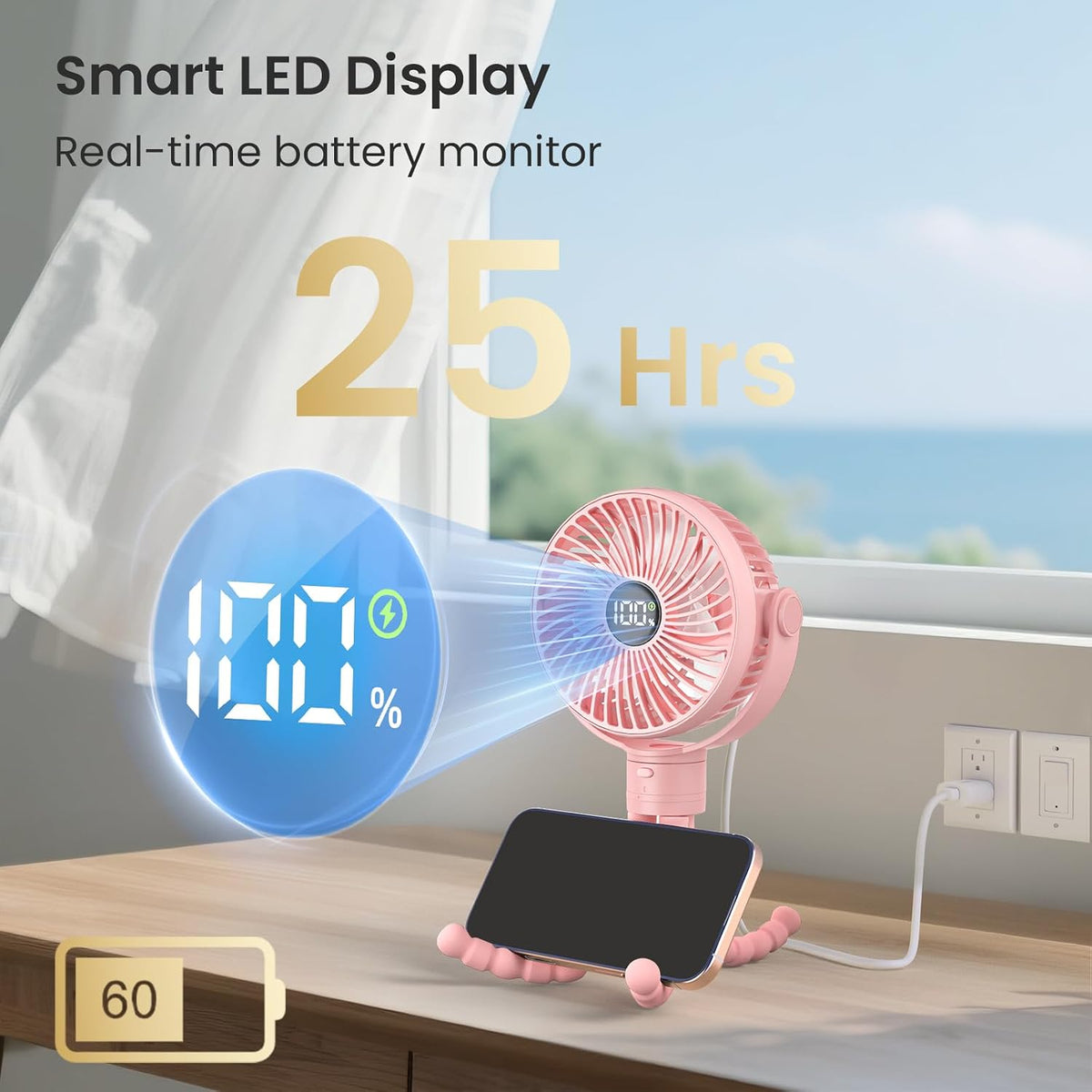 Portable Stroller Fan, 25H Long-lasting, 4 Speed, Night Light, Black