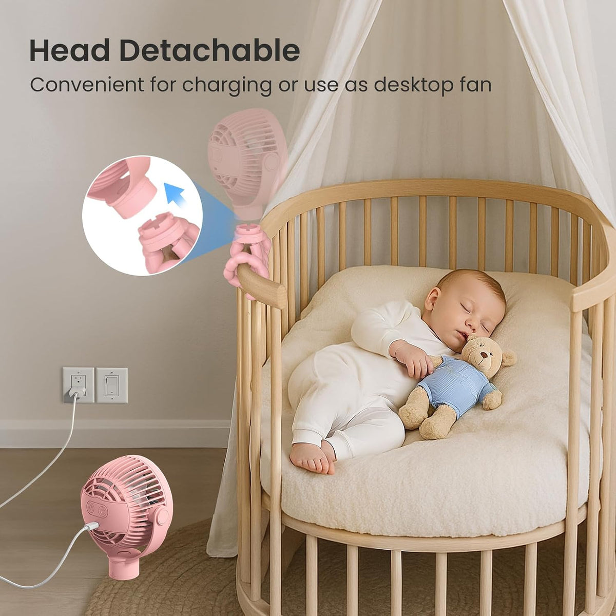 Portable Stroller Fan, 25H Long-lasting, 4 Speed, Night Light, Black