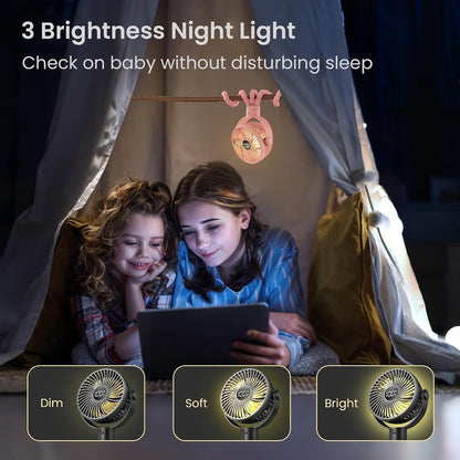 Portable Stroller Fan, 25H Long-lasting, 4 Speed, Night Light, Black
