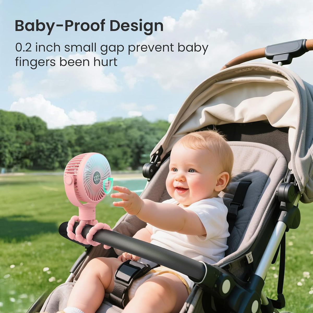 Portable Stroller Fan, 25H Long-lasting, 4 Speed, Night Light, Black