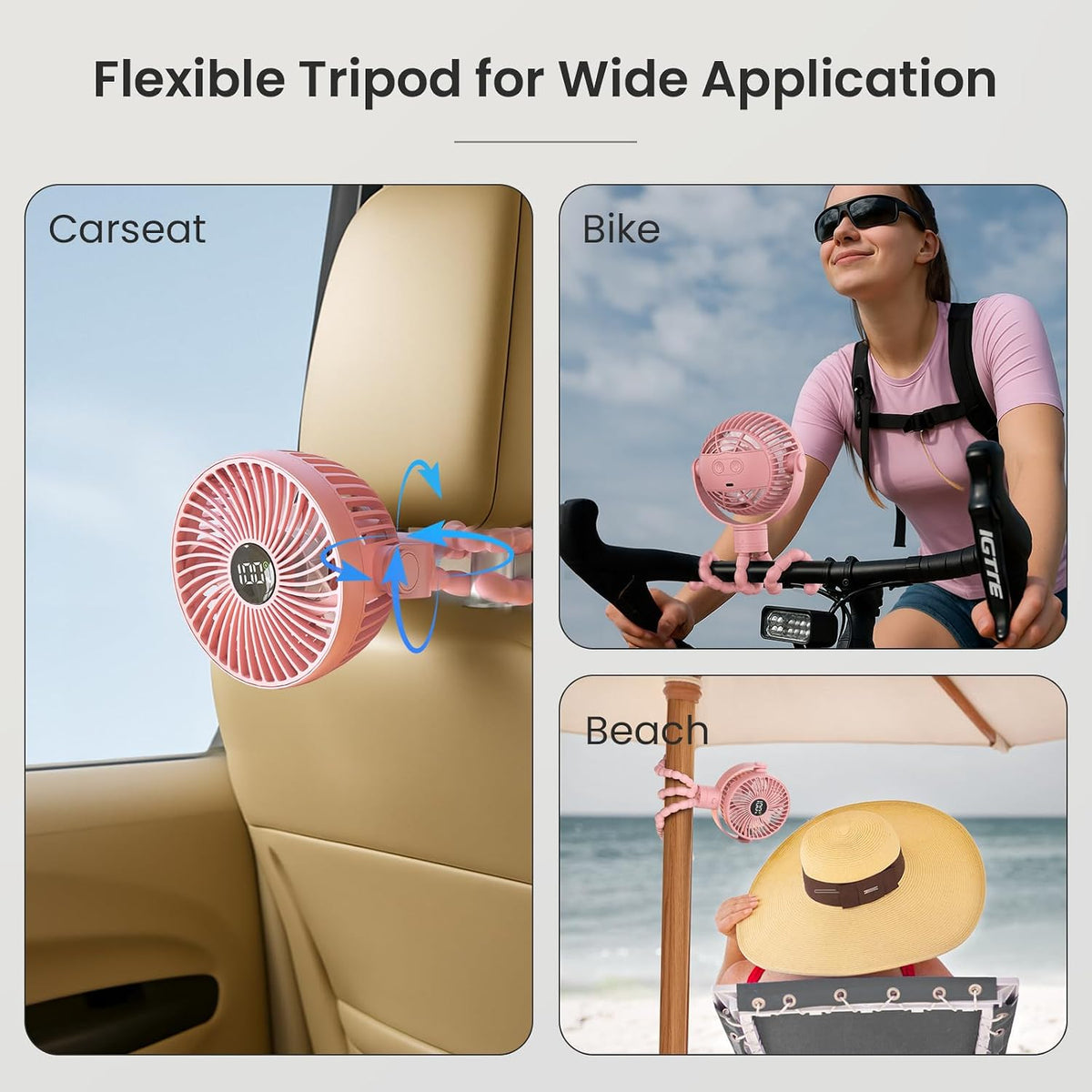 Portable Stroller Fan, 25H Long-lasting, 4 Speed, Night Light, Black