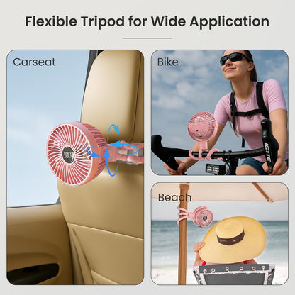 Portable Stroller Fan, 25H Long-lasting, 4 Speed, Night Light, Black