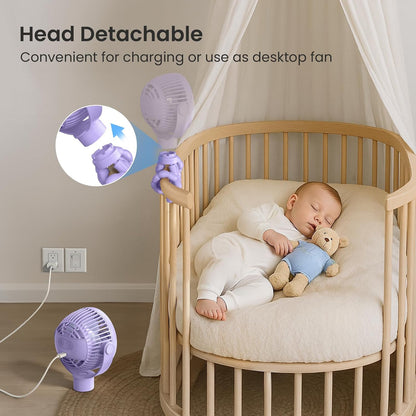 Portable Stroller Fan, 25H Long-lasting, 4 Speed, Night Light, Black