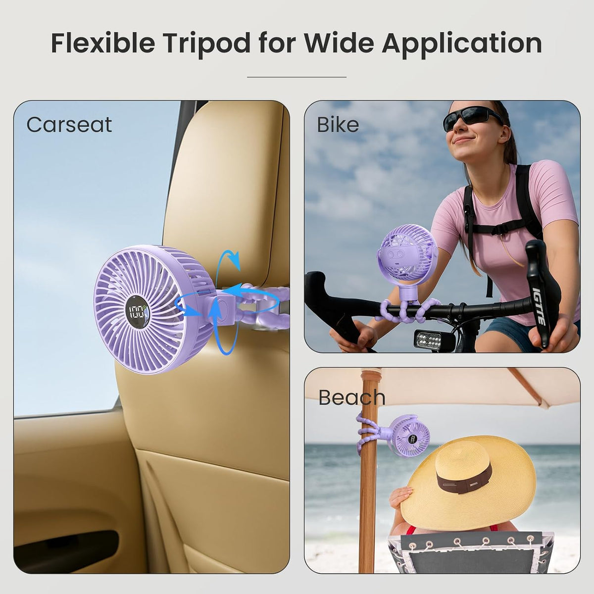 Portable Stroller Fan, 25H Long-lasting, 4 Speed, Night Light, Black