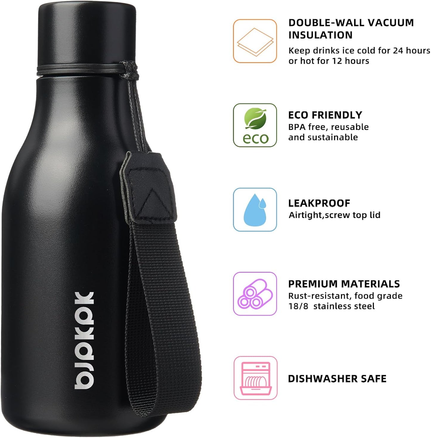 18oz Insulated Water Bottle, Stainless Steel Bottle with Carry Strap | Keep Cold & Hot Vacuum Insulation, Leak-Proof BPA-Free Design, Slim Bottle Fits Most Cup Holders for Gym, Office & Travel - Colors B