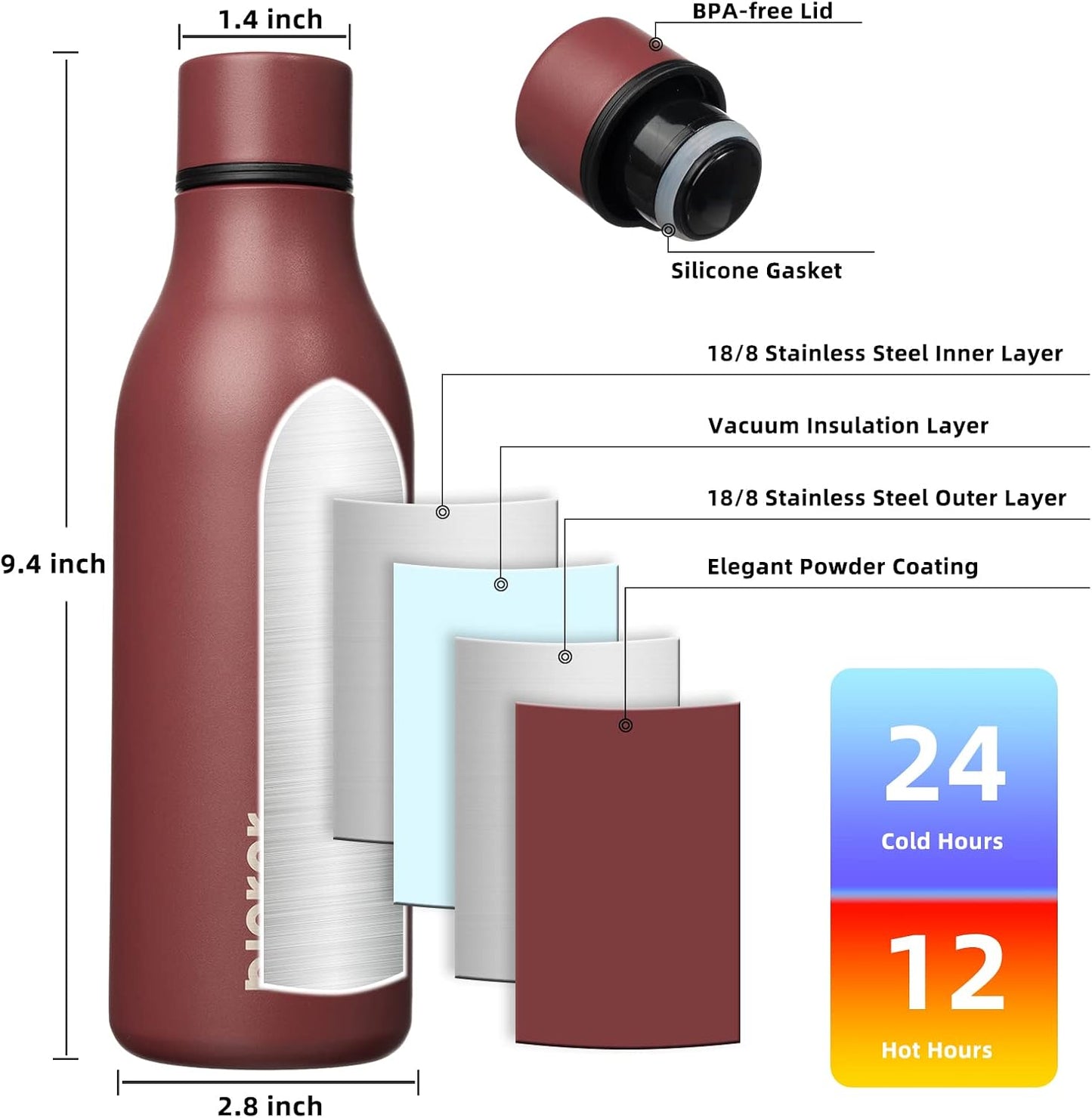 18oz Insulated Water Bottle, Stainless Steel Bottle with Carry Strap | Keep Cold & Hot Vacuum Insulation, Leak-Proof BPA-Free Design, Slim Bottle Fits Most Cup Holders for Gym, Office & Travel - Colors B