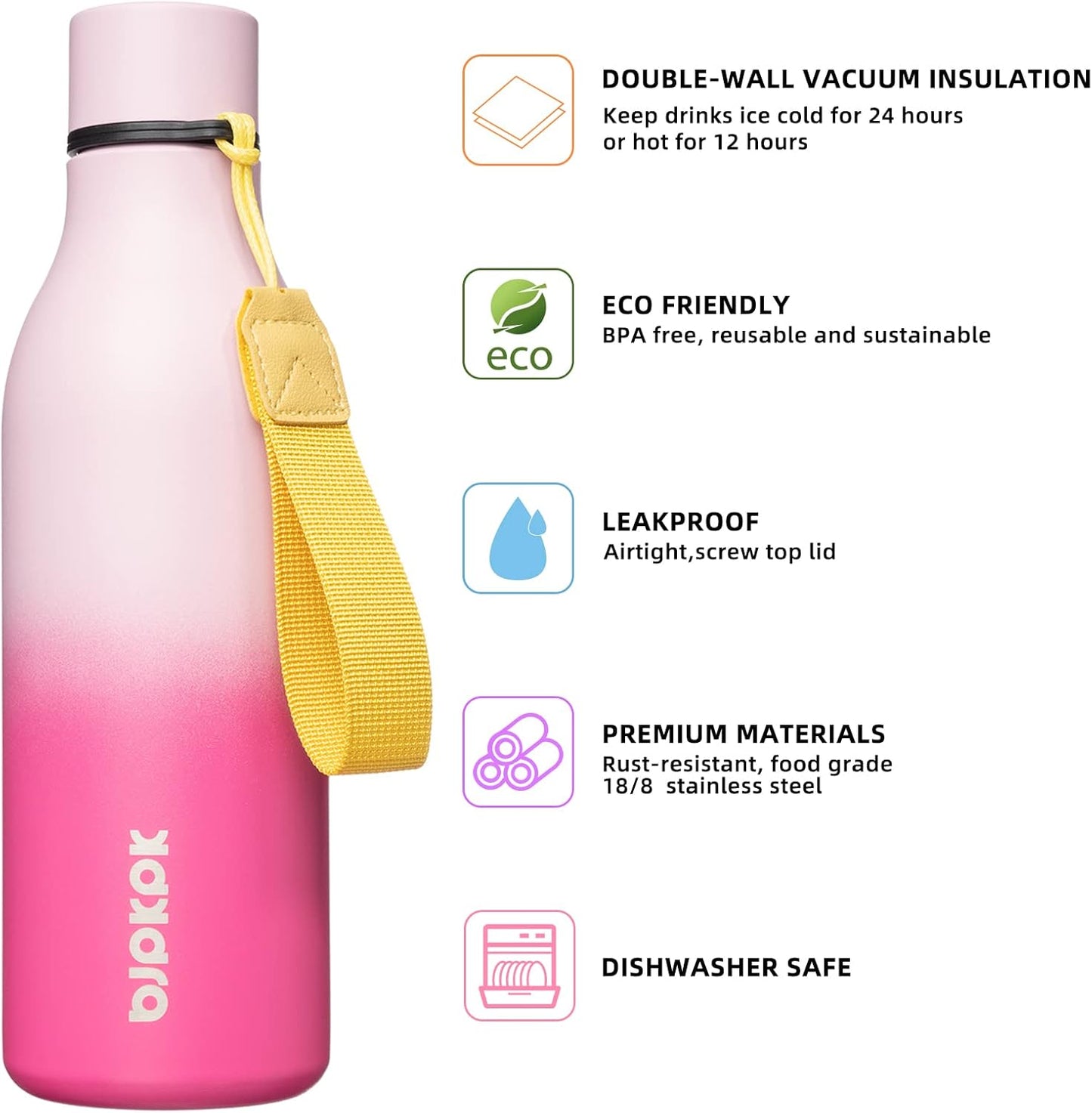 18oz Insulated Water Bottle, Stainless Steel Bottle with Carry Strap | Keep Cold & Hot Vacuum Insulation, Leak-Proof BPA-Free Design, Slim Bottle Fits Most Cup Holders for Gym, Office & Travel - Colors B