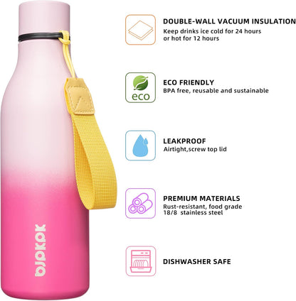 18oz Insulated Water Bottle, Stainless Steel Bottle with Carry Strap | Keep Cold & Hot Vacuum Insulation, Leak-Proof BPA-Free Design, Slim Bottle Fits Most Cup Holders for Gym, Office & Travel - Colors B