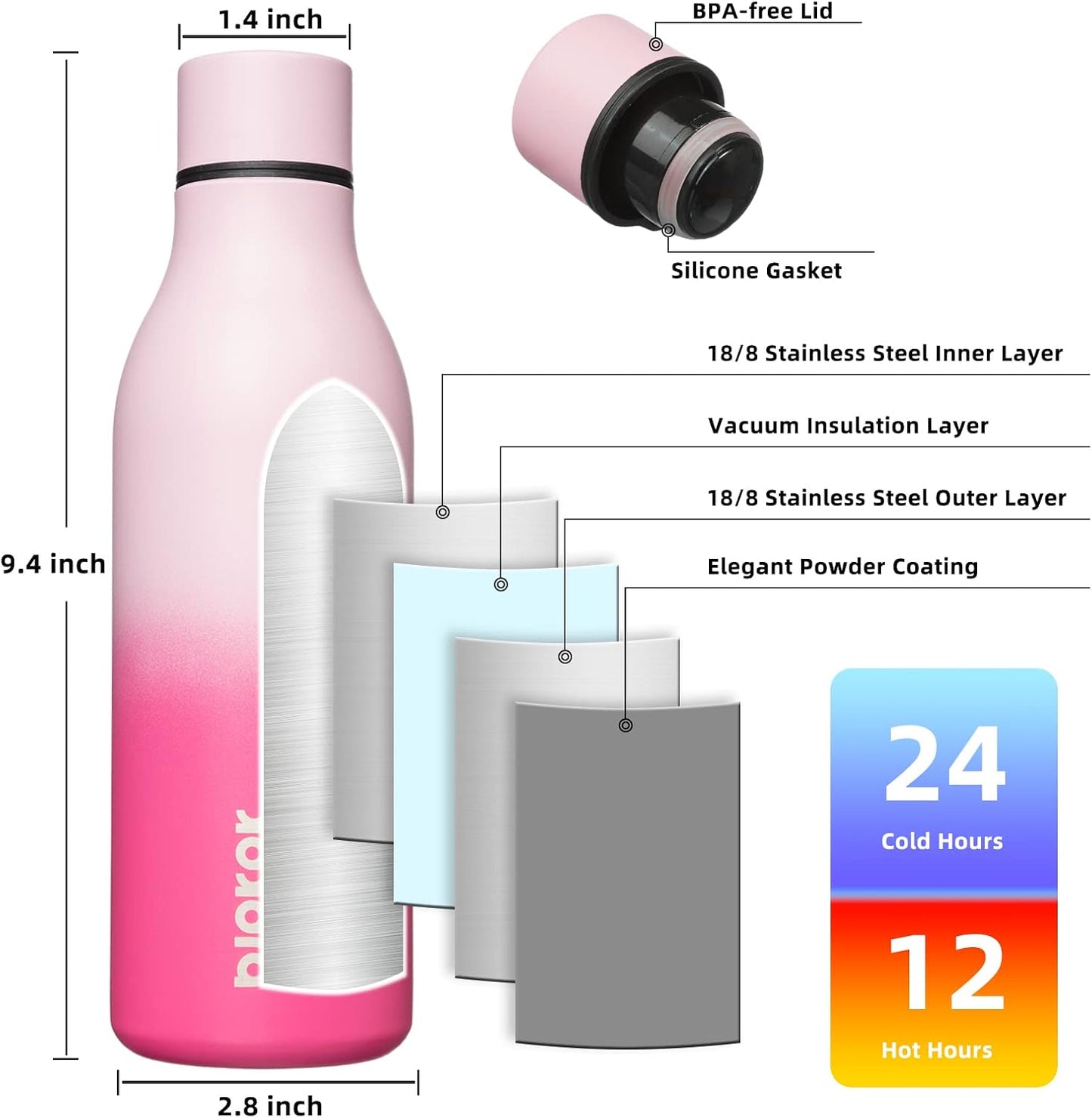 18oz Insulated Water Bottle, Stainless Steel Bottle with Carry Strap | Keep Cold & Hot Vacuum Insulation, Leak-Proof BPA-Free Design, Slim Bottle Fits Most Cup Holders for Gym, Office & Travel - Colors B