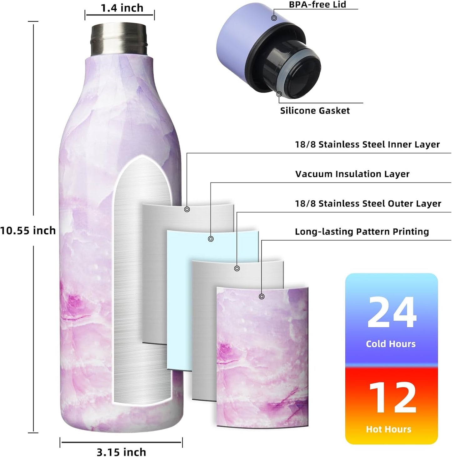 18oz Insulated Water Bottle, Stainless Steel Bottle with Carry Strap | Keep Cold & Hot Vacuum Insulation, Leak-Proof BPA-Free Design, Slim Bottle Fits Most Cup Holders for Gym, Office & Travel - Colors B