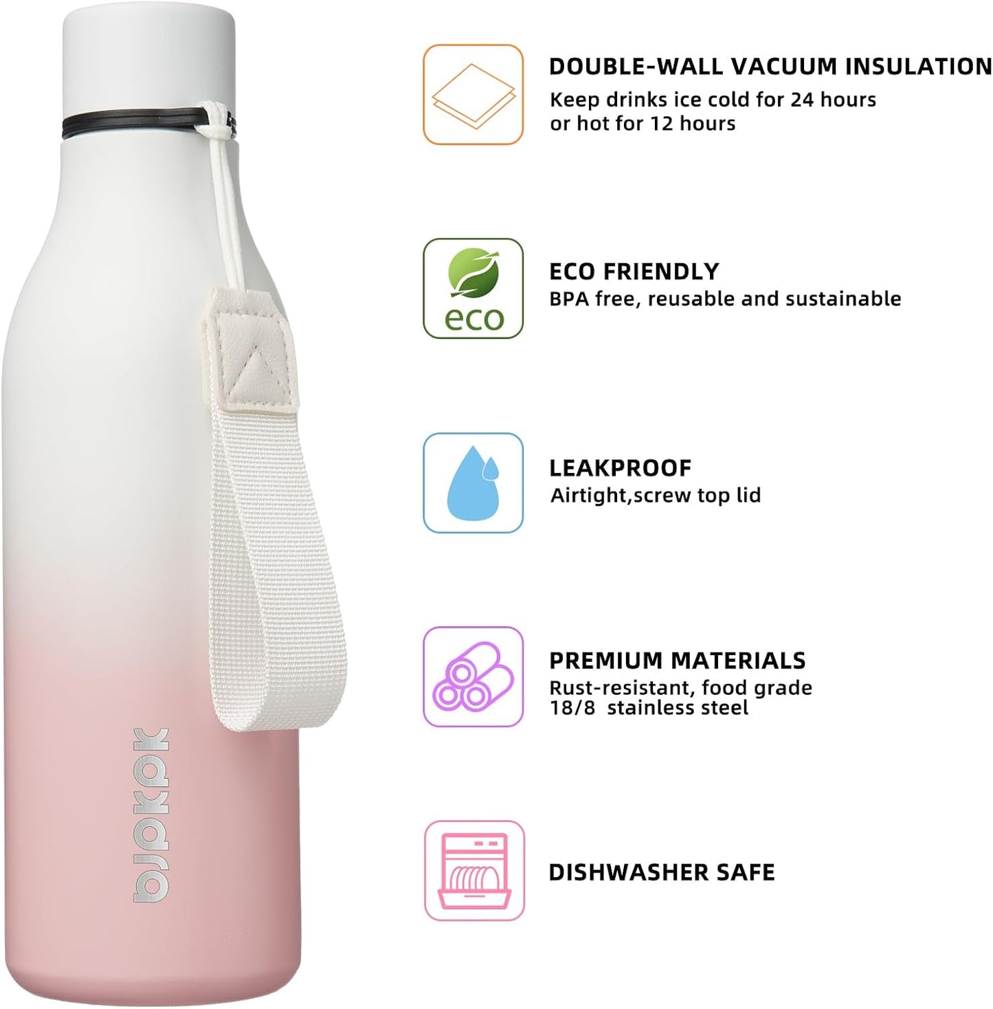 18oz Insulated Water Bottle, Stainless Steel Bottle with Carry Strap | Keep Cold & Hot Vacuum Insulation, Leak-Proof BPA-Free Design, Slim Bottle Fits Most Cup Holders for Gym, Office & Travel - Colors B