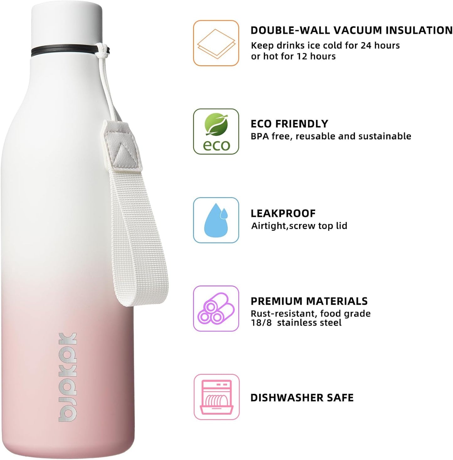 18oz Insulated Water Bottle, Stainless Steel Bottle with Carry Strap | Keep Cold & Hot Vacuum Insulation, Leak-Proof BPA-Free Design, Slim Bottle Fits Most Cup Holders for Gym, Office & Travel - Colors B