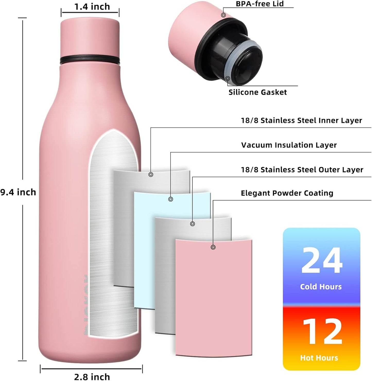 18oz Insulated Water Bottle, Stainless Steel Bottle with Carry Strap | Keep Cold & Hot Vacuum Insulation, Leak-Proof BPA-Free Design, Slim Bottle Fits Most Cup Holders for Gym, Office & Travel - Colors B
