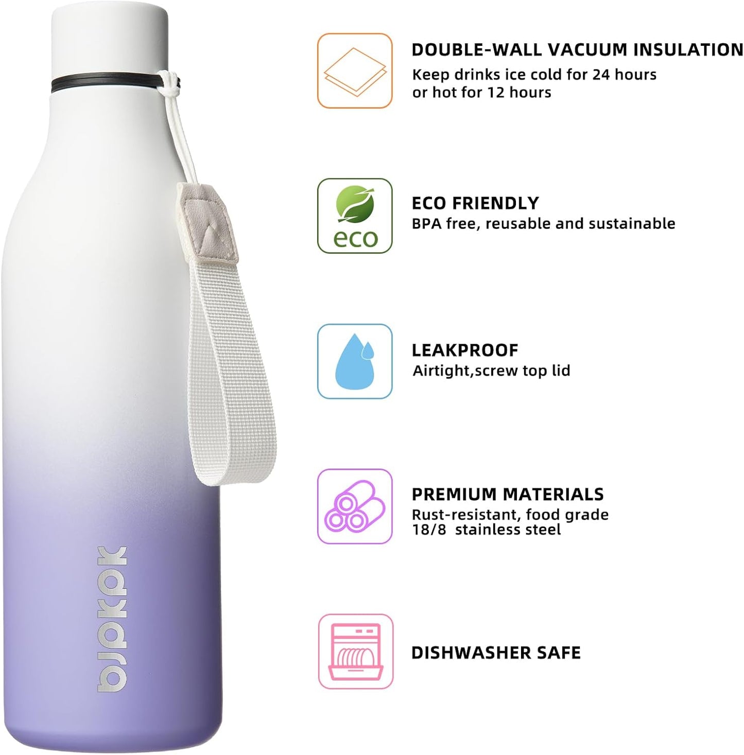 18oz Insulated Water Bottle, Stainless Steel Bottle with Carry Strap | Keep Cold & Hot Vacuum Insulation, Leak-Proof BPA-Free Design, Slim Bottle Fits Most Cup Holders for Gym, Office & Travel - Colors B