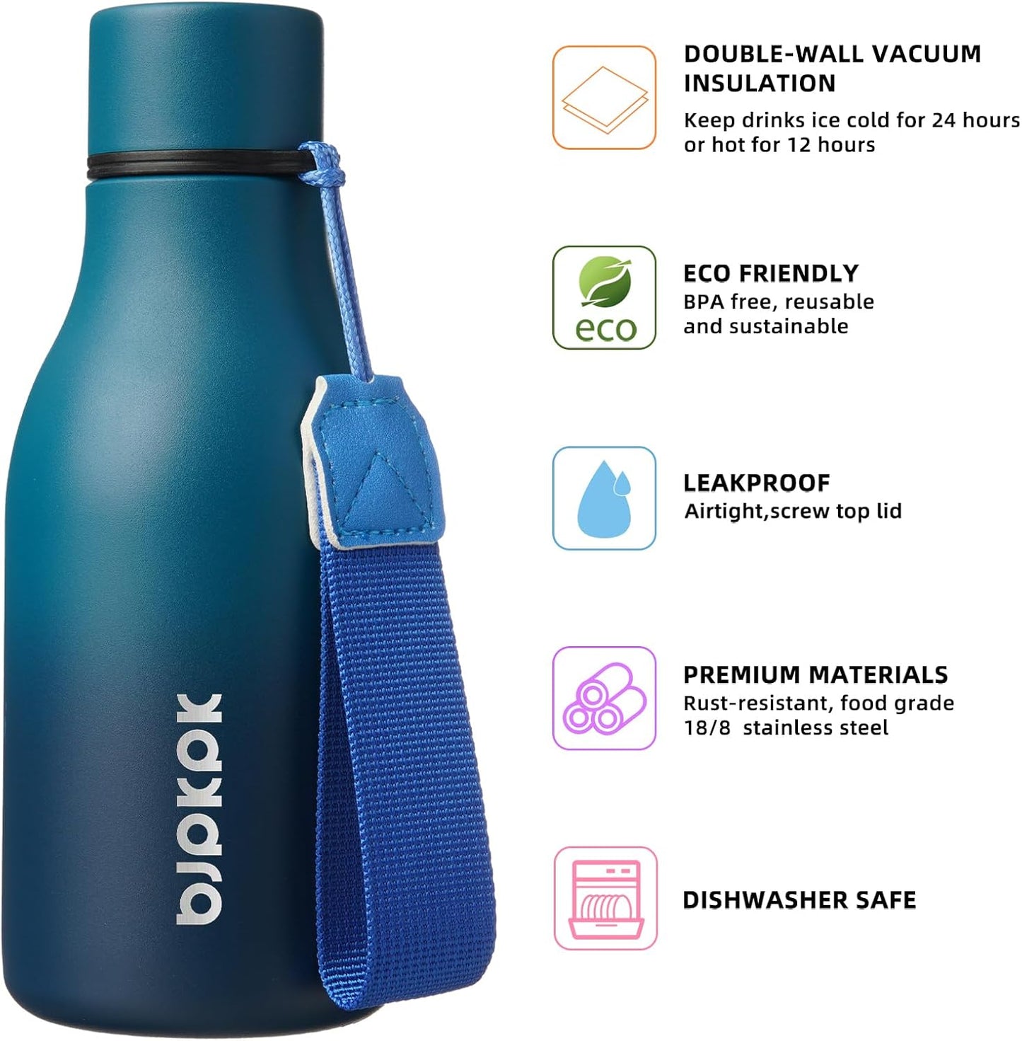 18oz Insulated Water Bottle, Stainless Steel Bottle with Carry Strap | Keep Cold & Hot Vacuum Insulation, Leak-Proof BPA-Free Design, Slim Bottle Fits Most Cup Holders for Gym, Office & Travel - Colors B
