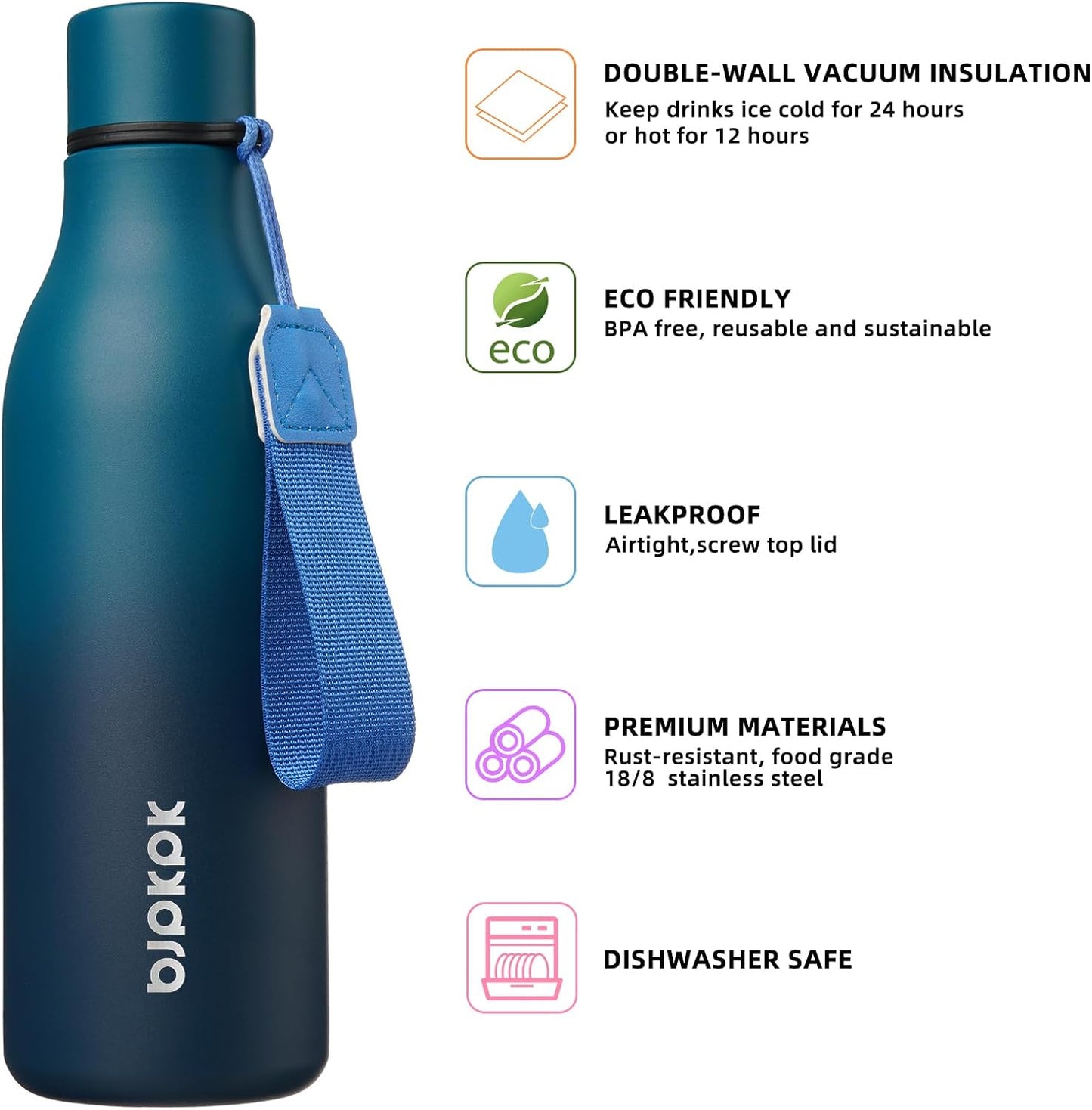 18oz Insulated Water Bottle, Stainless Steel Bottle with Carry Strap | Keep Cold & Hot Vacuum Insulation, Leak-Proof BPA-Free Design, Slim Bottle Fits Most Cup Holders for Gym, Office & Travel - Colors B