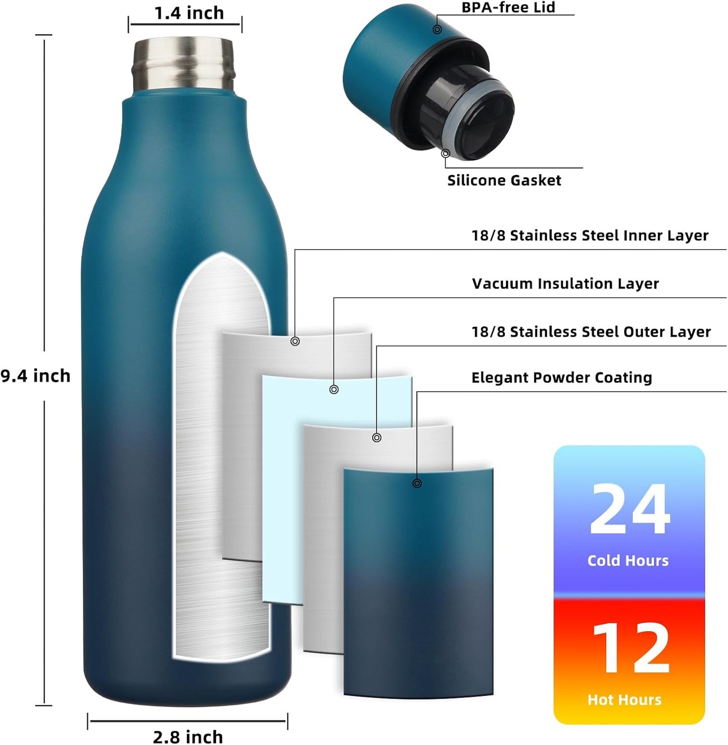 18oz Insulated Water Bottle, Stainless Steel Bottle with Carry Strap | Keep Cold & Hot Vacuum Insulation, Leak-Proof BPA-Free Design, Slim Bottle Fits Most Cup Holders for Gym, Office & Travel - Colors B