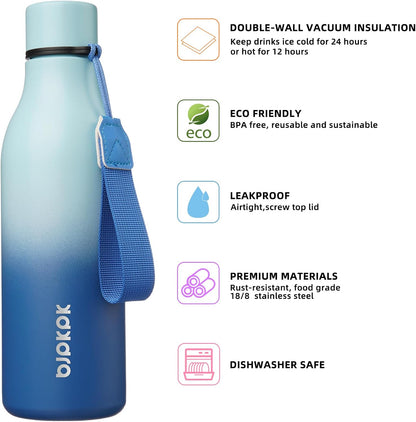 18oz Insulated Water Bottle, Stainless Steel Bottle with Carry Strap | Keep Cold & Hot Vacuum Insulation, Leak-Proof BPA-Free Design, Slim Bottle Fits Most Cup Holders for Gym, Office & Travel - Colors B