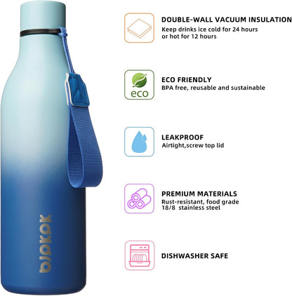 18oz Insulated Water Bottle, Stainless Steel Bottle with Carry Strap | Keep Cold & Hot Vacuum Insulation, Leak-Proof BPA-Free Design, Slim Bottle Fits Most Cup Holders for Gym, Office & Travel - Colors B