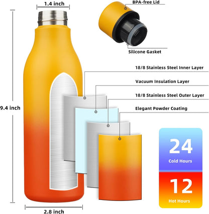18oz Insulated Water Bottle, Stainless Steel Bottle with Carry Strap | Keep Cold & Hot Vacuum Insulation, Leak-Proof BPA-Free Design, Slim Bottle Fits Most Cup Holders for Gym, Office & Travel - Colors B