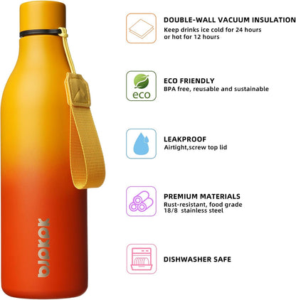 18oz Insulated Water Bottle, Stainless Steel Bottle with Carry Strap | Keep Cold & Hot Vacuum Insulation, Leak-Proof BPA-Free Design, Slim Bottle Fits Most Cup Holders for Gym, Office & Travel - Colors B