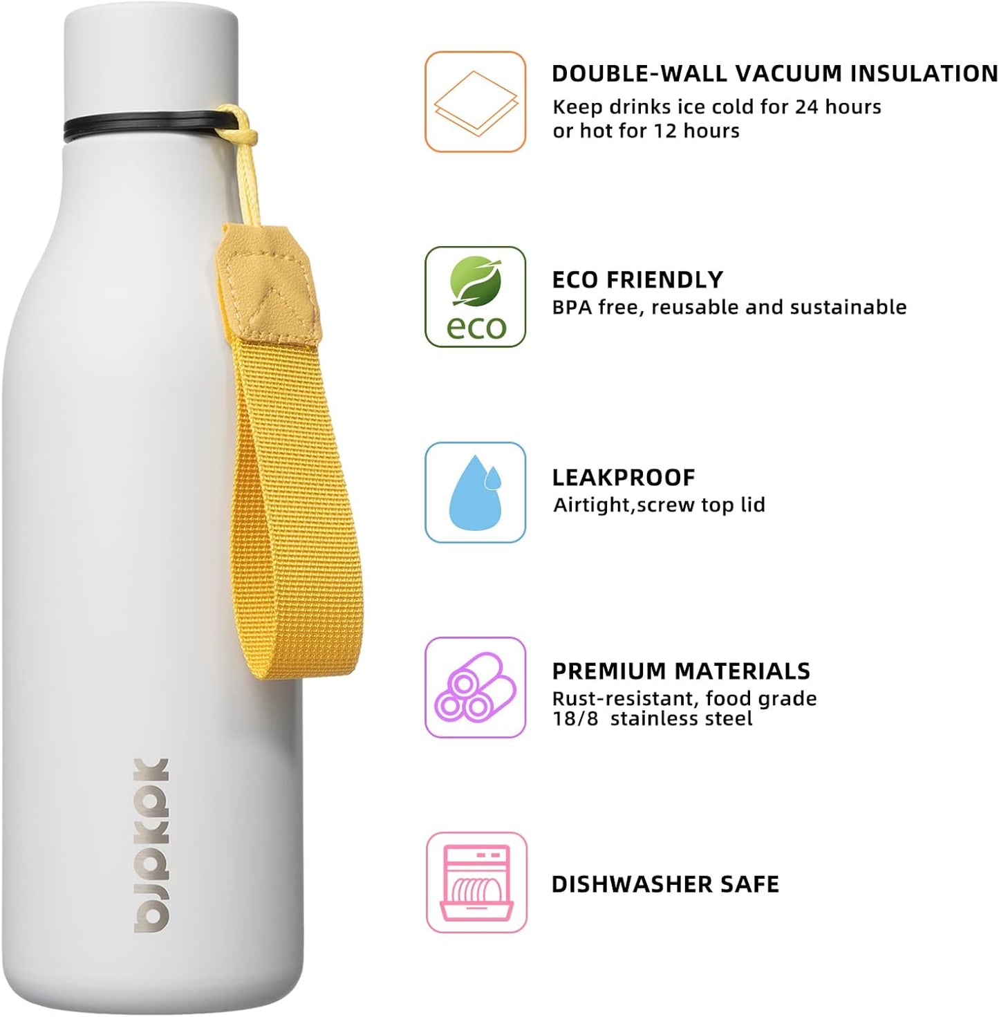 18oz Insulated Water Bottle, Stainless Steel Bottle with Carry Strap | Keep Cold & Hot Vacuum Insulation, Leak-Proof BPA-Free Design, Slim Bottle Fits Most Cup Holders for Gym, Office & Travel - Colors B
