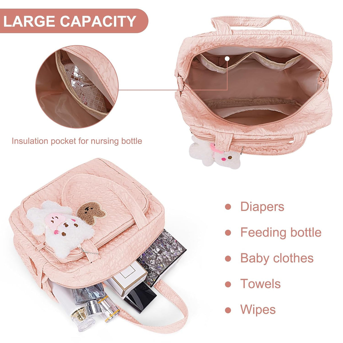 Baby Diaper Bag Tote, Mom Bag Crossbody Diaper Bags Baby Travel Bags for Girl Pañaleras Para Bebe (Pink, Large)
